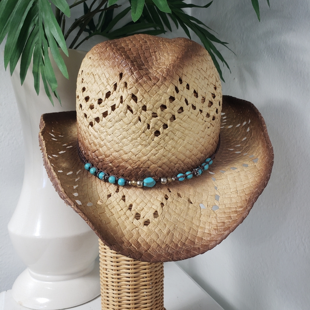 Straw w/ Turquoise Stone Band - Wired Rim for shaping Western Coastal Cowgirl
